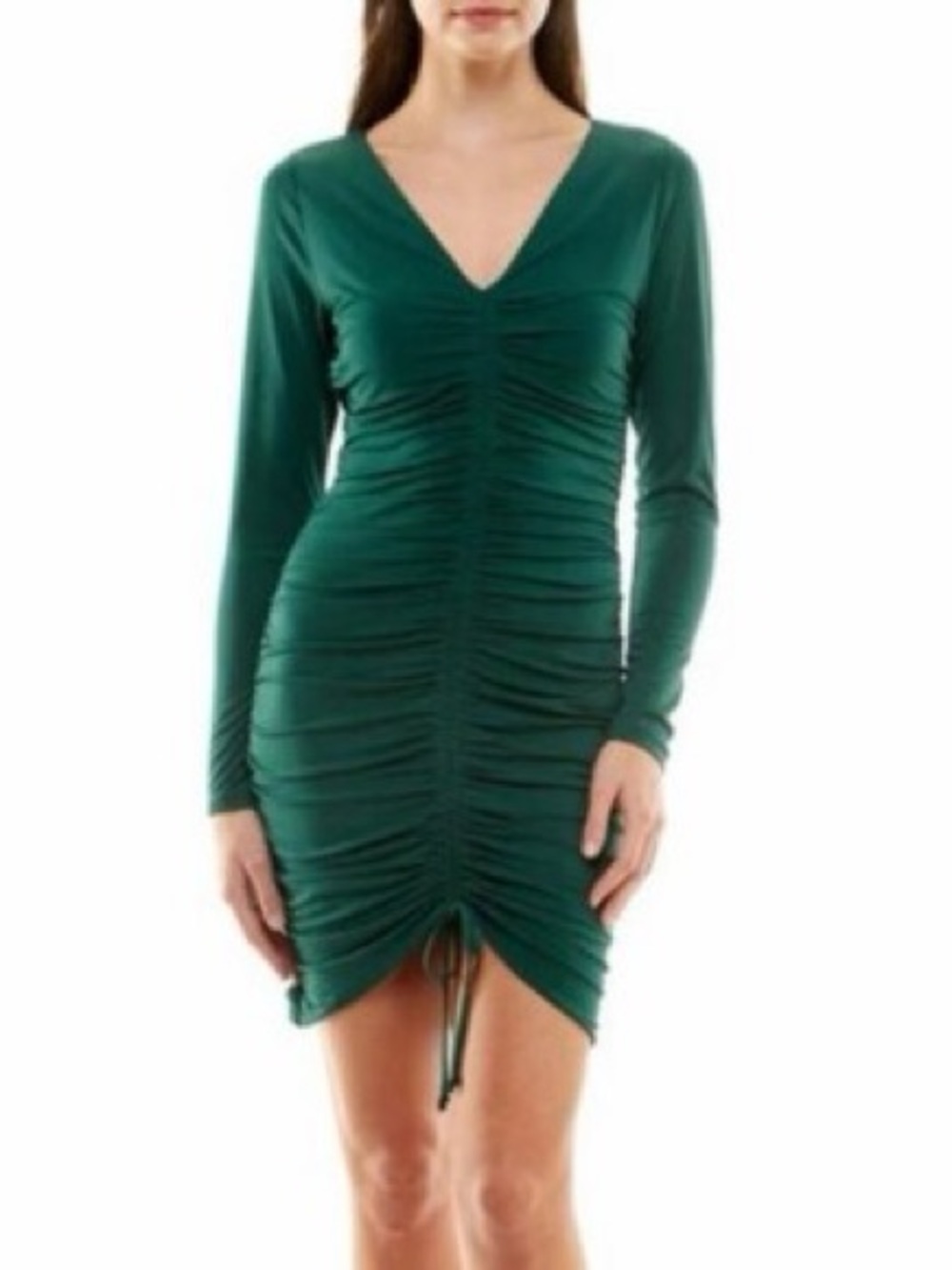 Socialite Deep Green Long-Sleeve Ruched V-Neck Drawstring Dress
